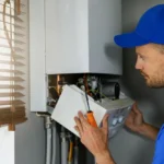 Plumber servicing a home water heater during routine maintenance in Corona, CA